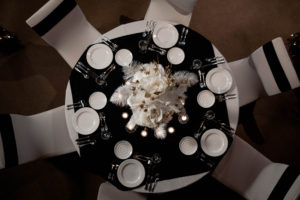 black and white linens centerpiece table