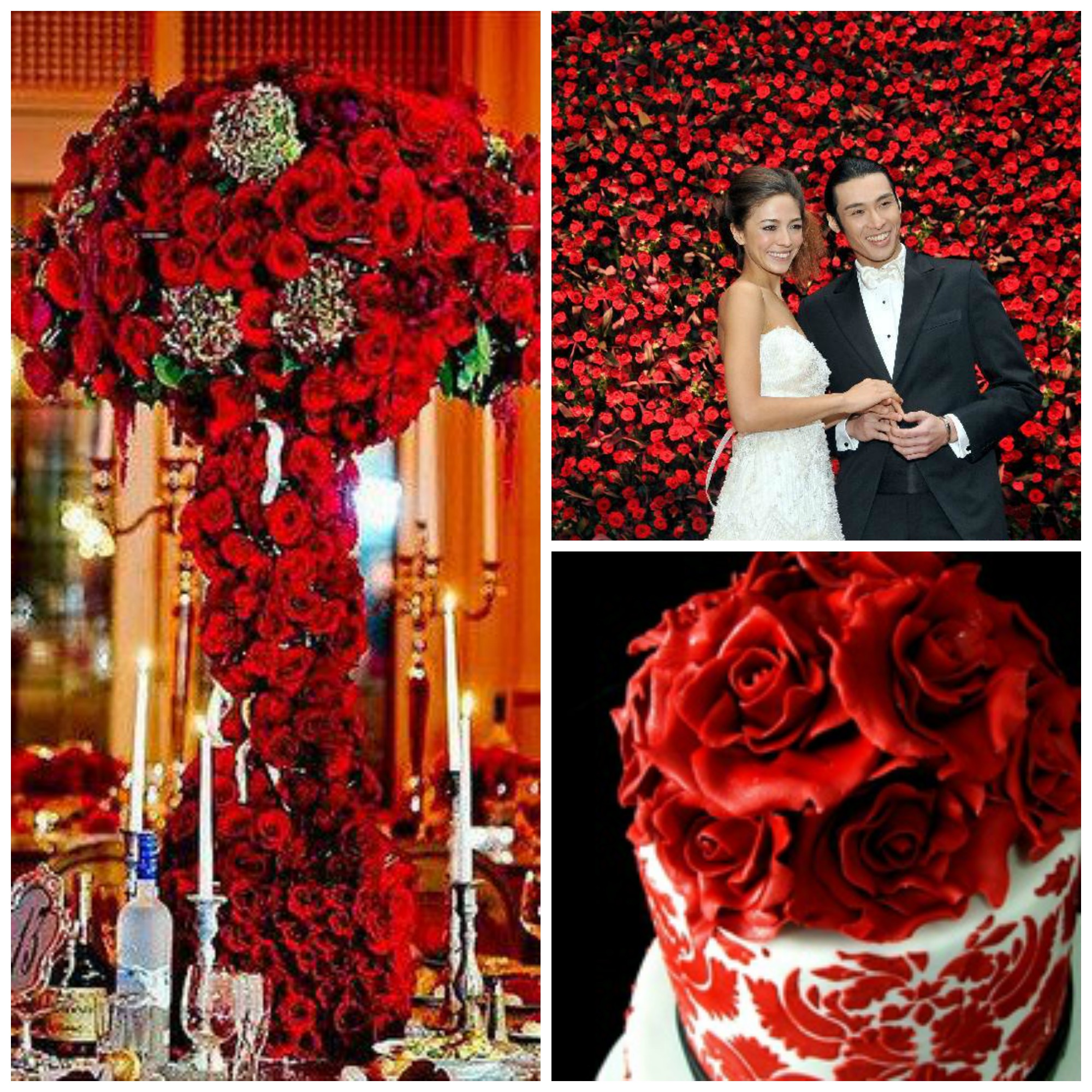 collage of red rose reception decor and cake