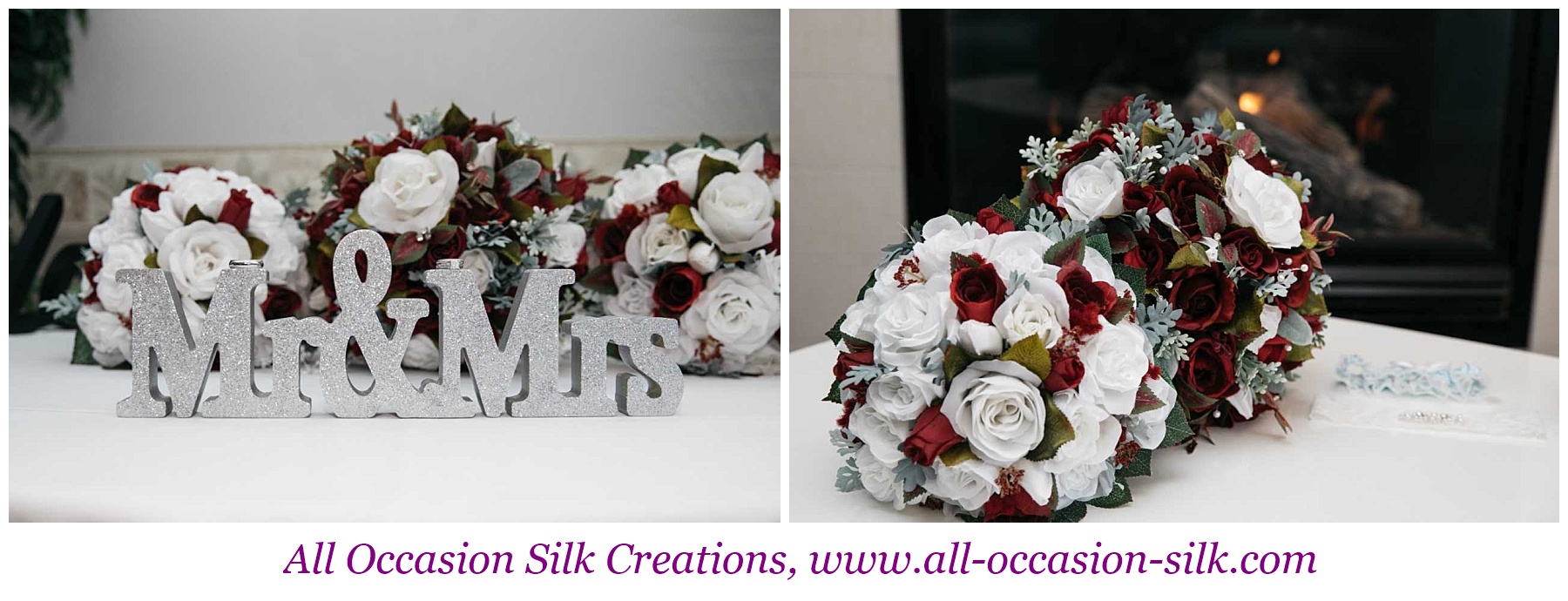 white and red silk rose bouquets on a reception table